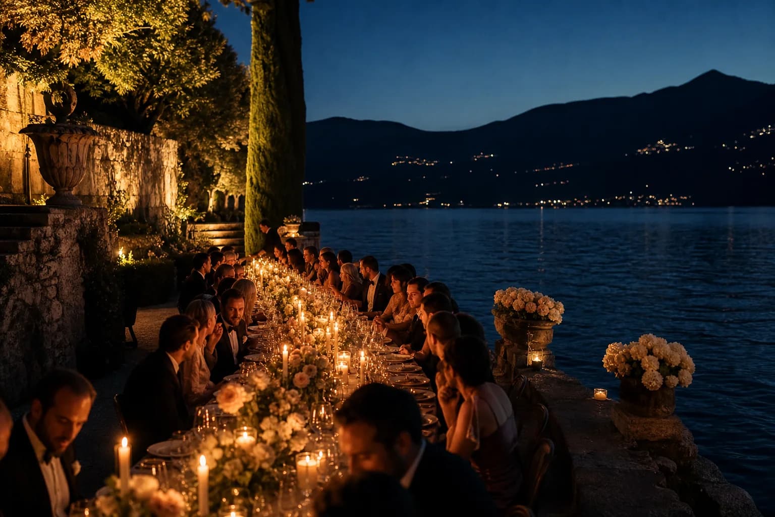 Candlelit destination dinner overlooking the Lake Como shoreline