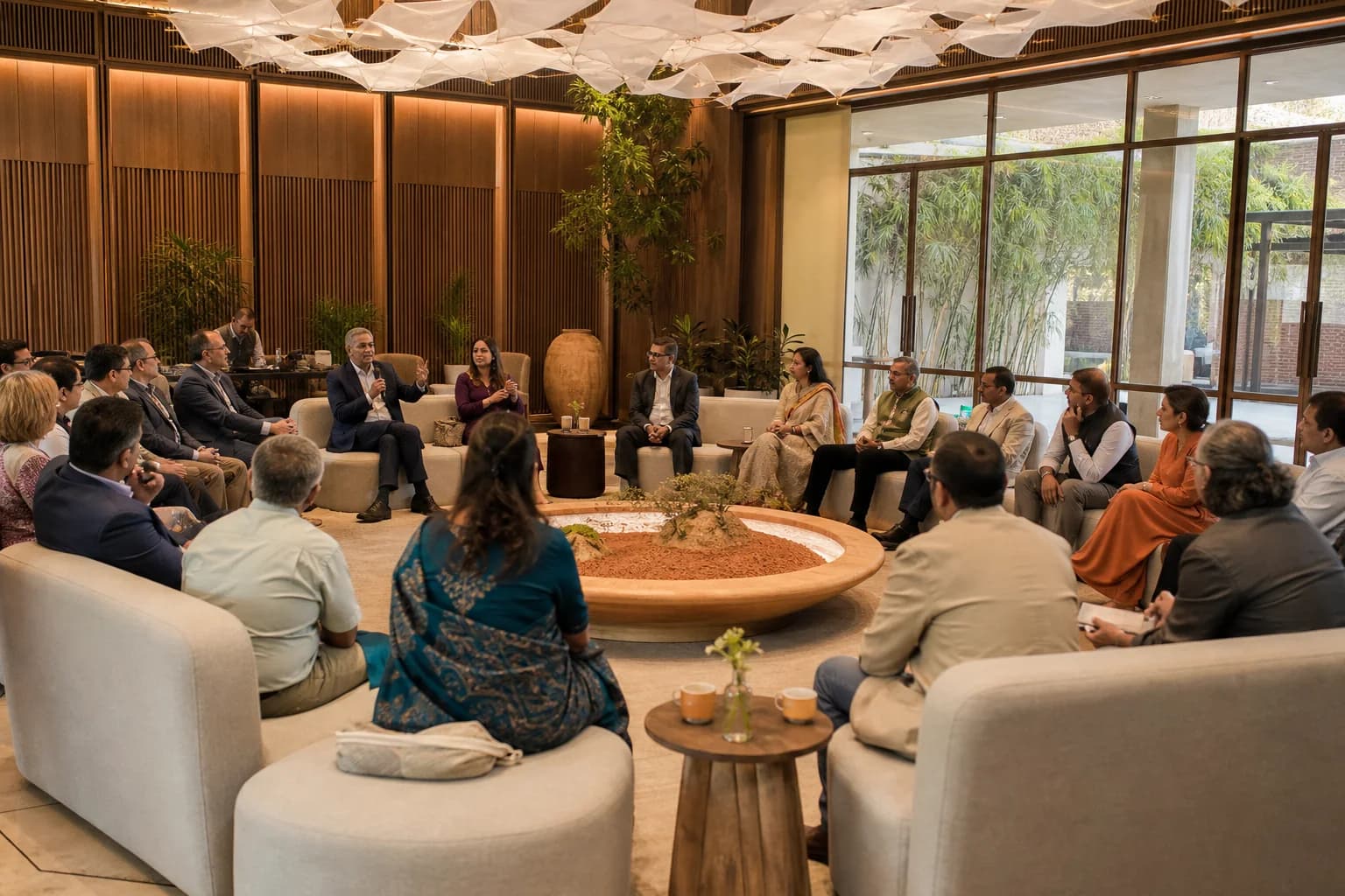 Leaders gathered in a circular salon at a contemporary Bengaluru summit