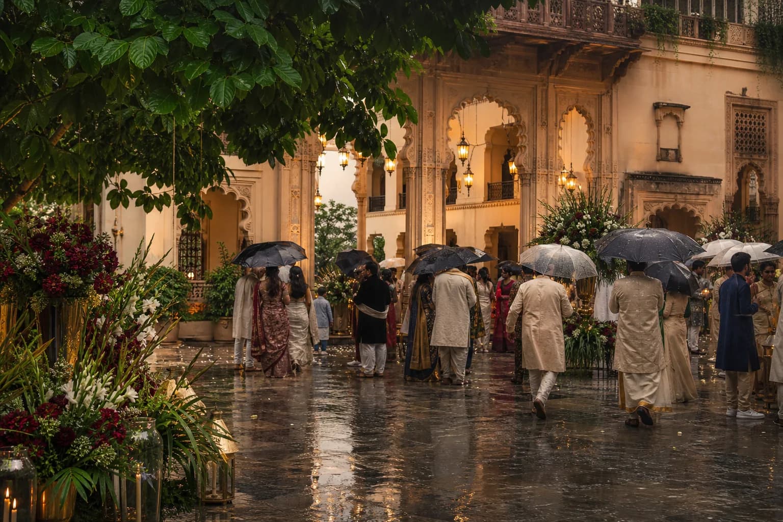 Guests crossing a rain-washed Udaipur palace courtyard beneath umbrellas