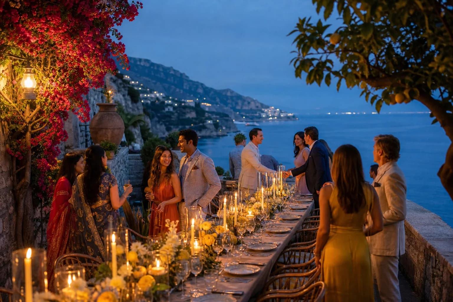 Guests arriving for a candlelit Mediterranean welcome dinner above the sea