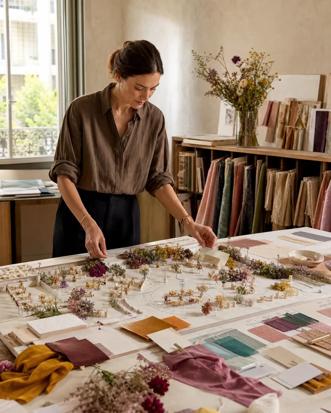 An event design workspace with flowers and material samples