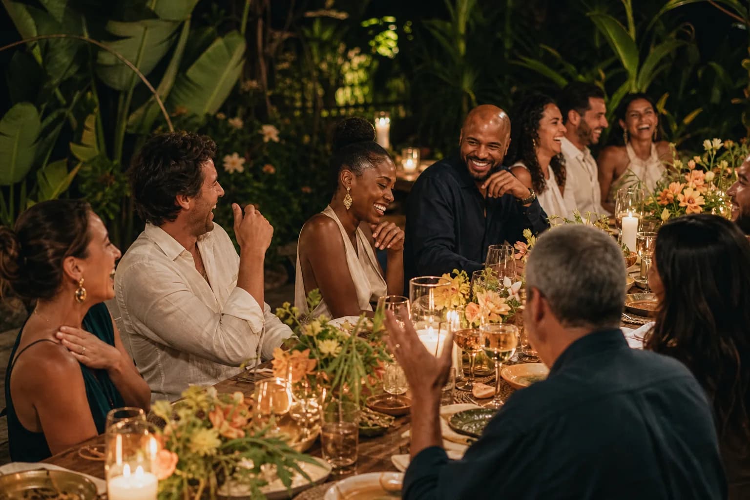 Friends laughing together around a candlelit garden table