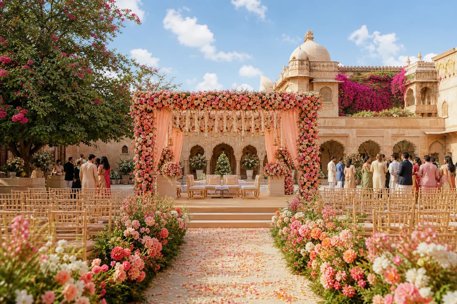 A sunlit palace courtyard imagined with peach flowers, a mandap, and an aisle of petals