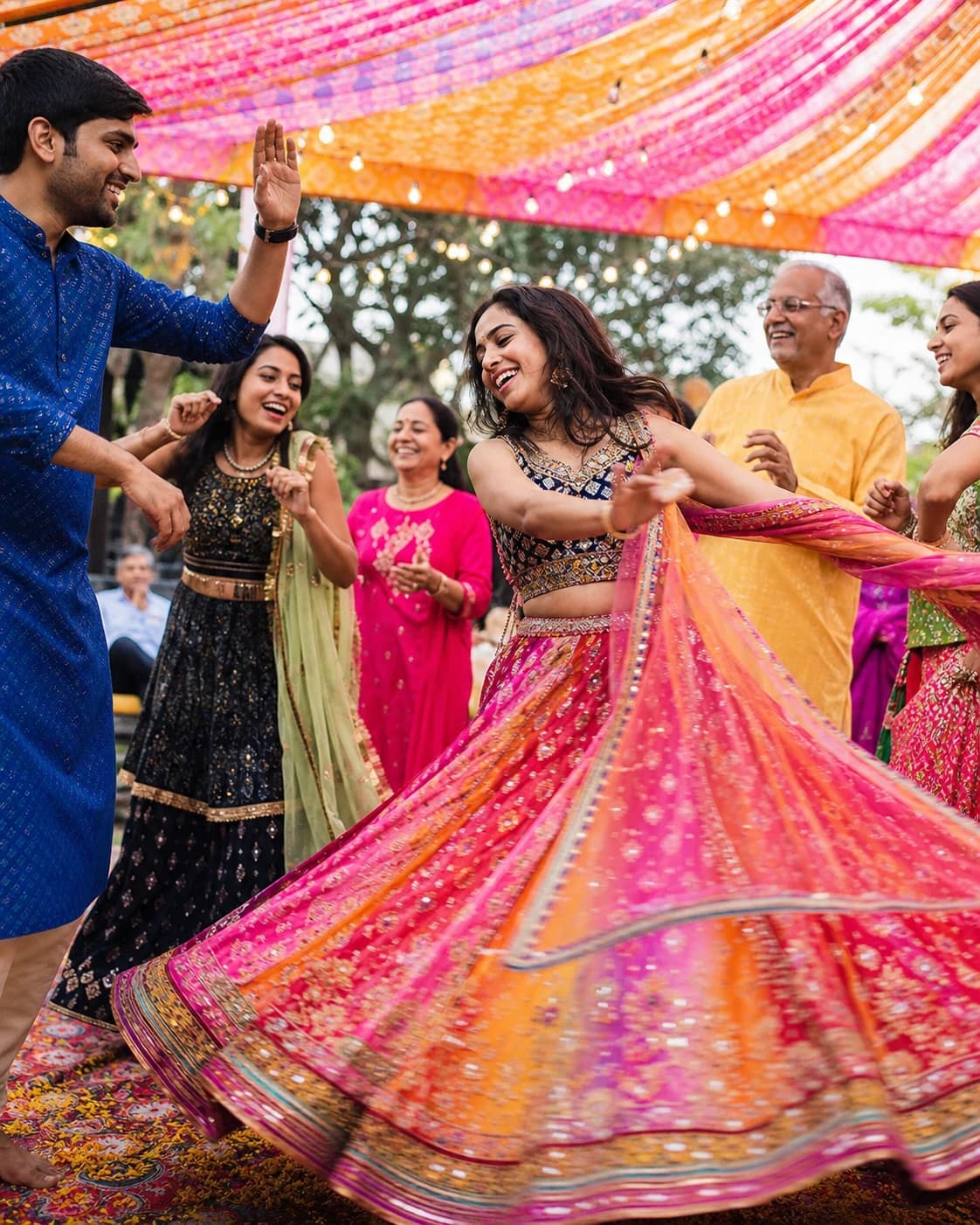 Friends and family dancing together at a colourful sangeet