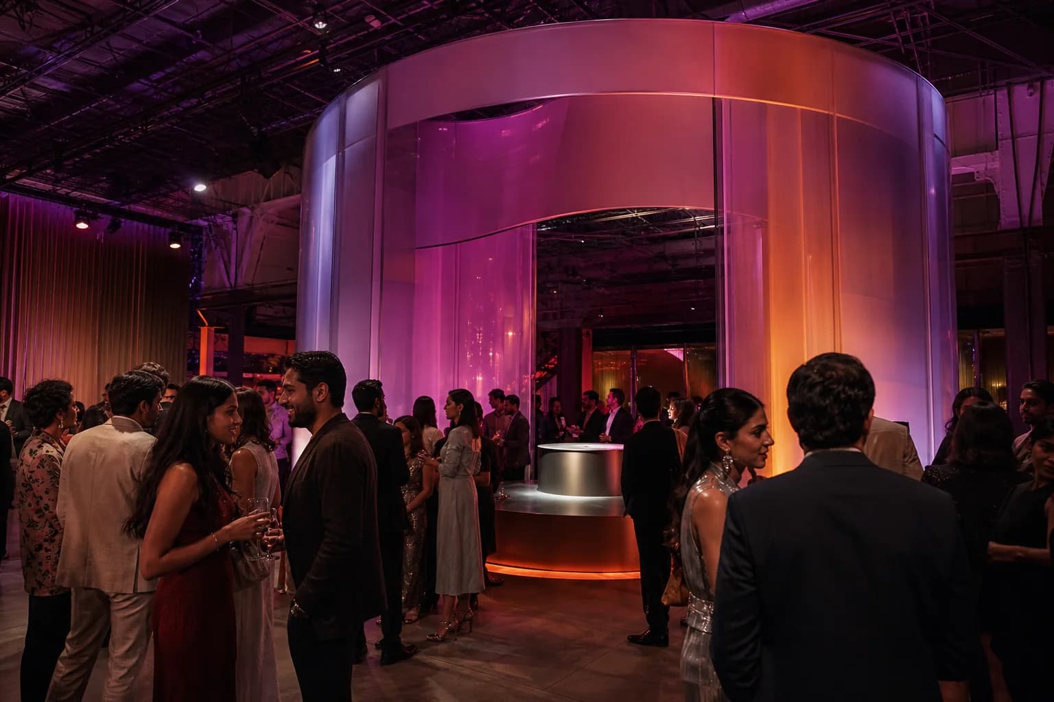 Guests exploring an illuminated installation at a brand event