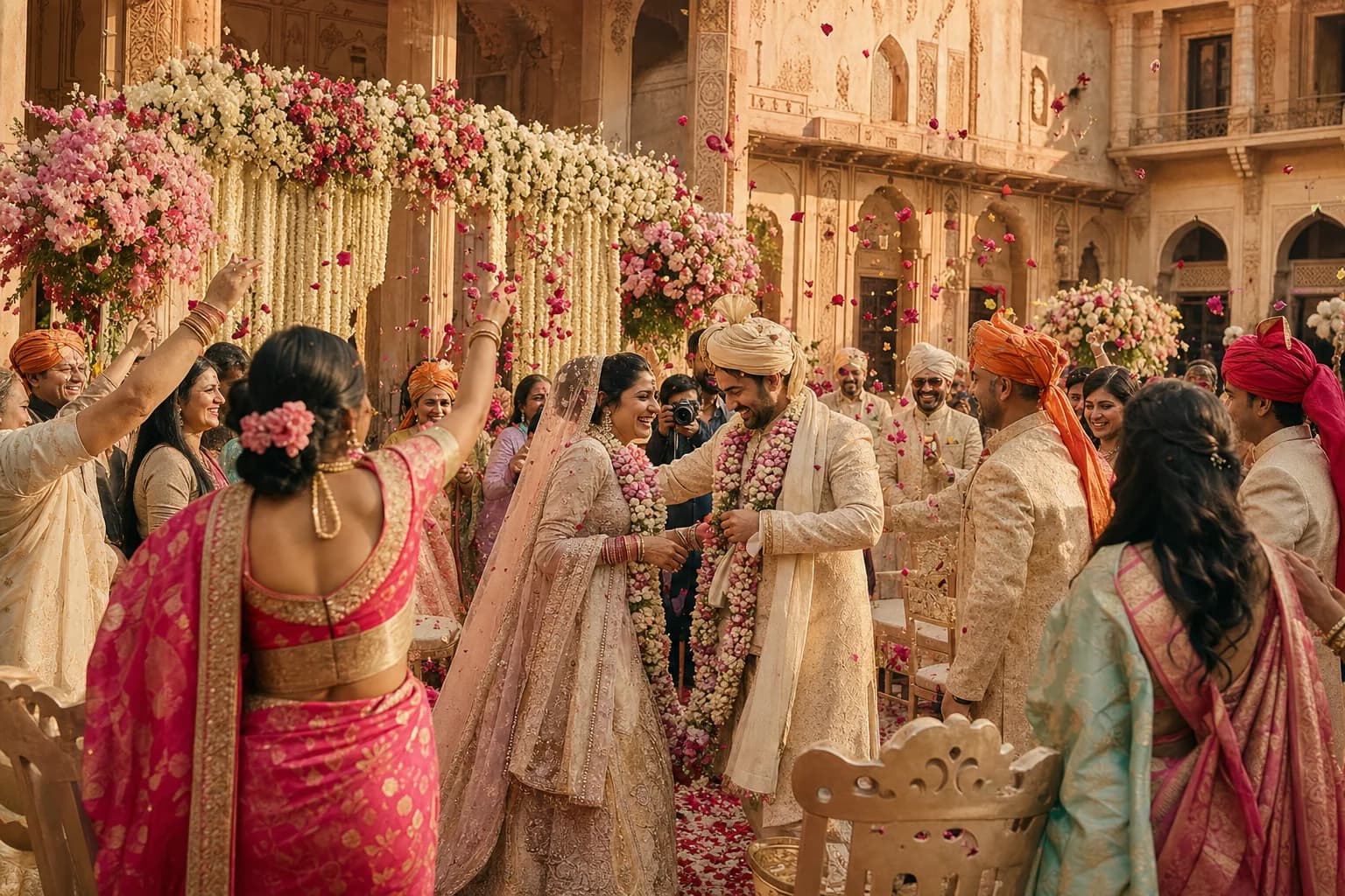 A couple celebrating with family in a floral haveli courtyard