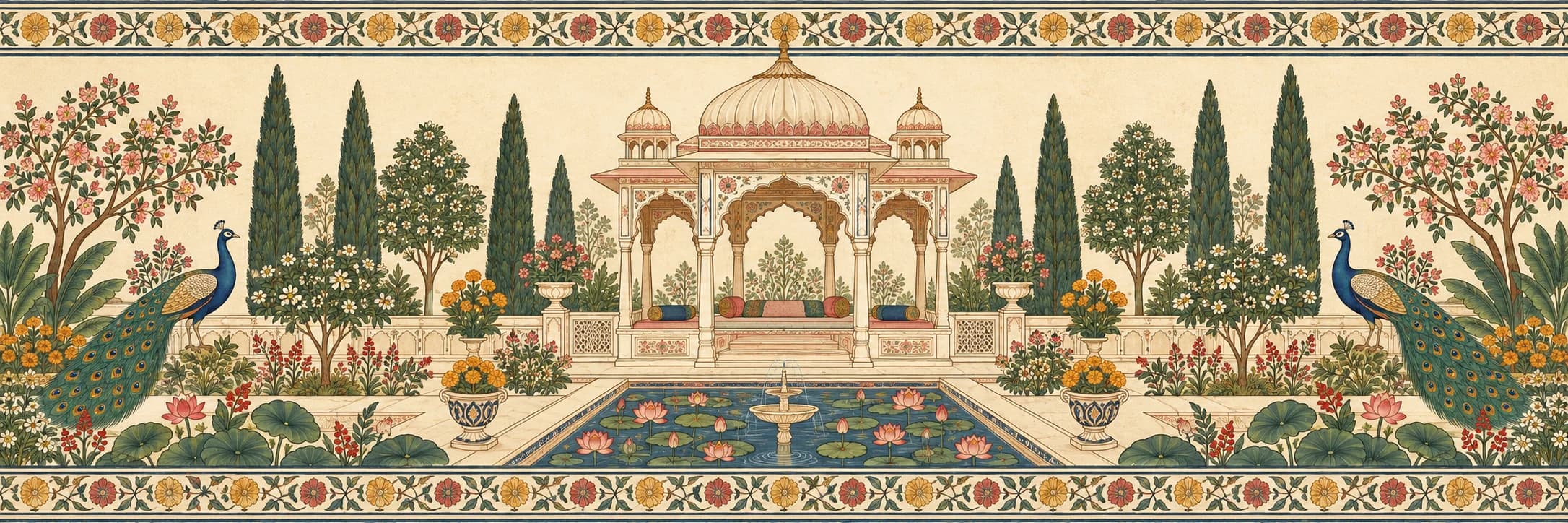 An original Indian garden painting with peacocks, marigolds, and a haveli pavilion
