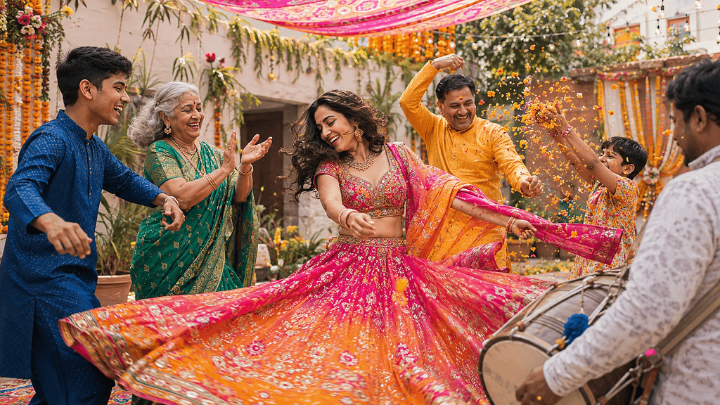 Guests of different ages dance beneath pink and orange fabric canopies while a dhol player performs and marigold petals fly.